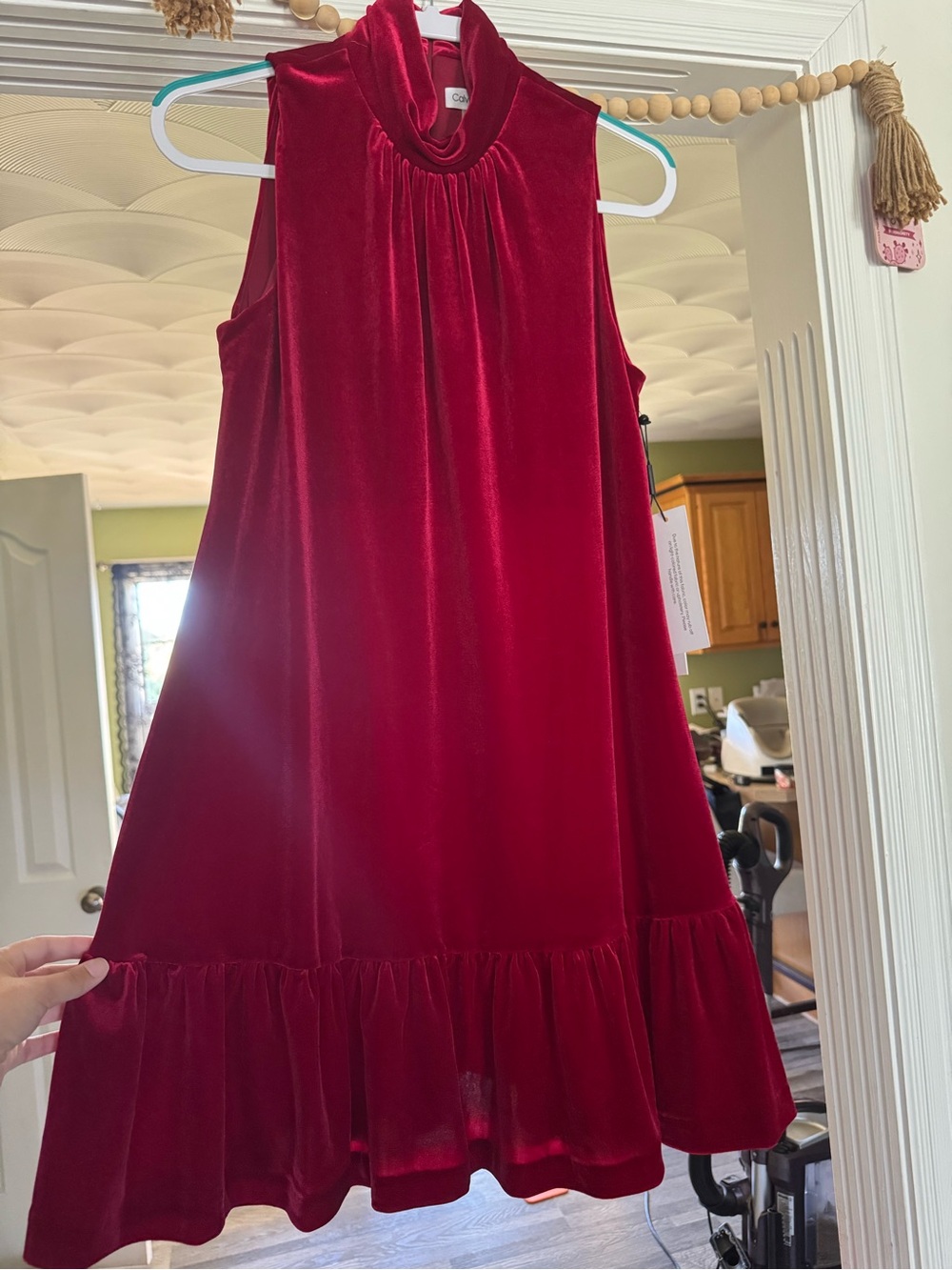 Calvin Klein Sleeveless Velvet Ruffle-Hem Dress in Deep Red